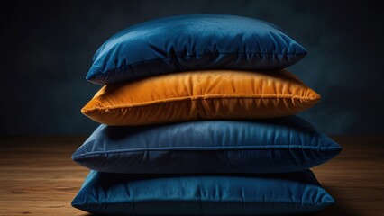 Stacked Blue and Orange Velvet Cushions with Luxurious Glow, Cozy Plush Background

