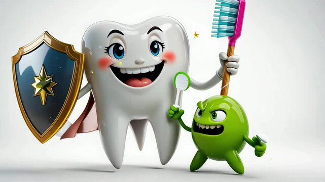 Dental care and protection: a cartoon tooth fighting bacteria with shield and toothbrush for oral health 4k video