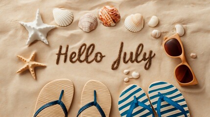Flat Lay of Summer Beach Essentials with ‘Hello July’ Text – Flip-Flops, Sunglasses, Shells on Sand, Sunny Vacation Mood for Travel and Lifestyle Visuals