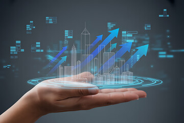 Hand Holding Holographic City Model with Growth Arrows
