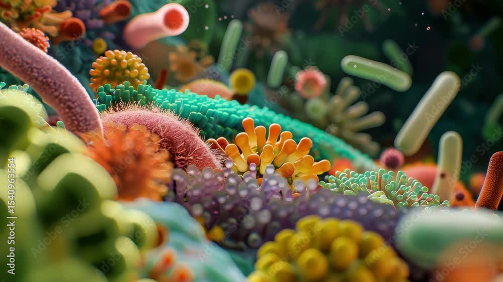 Aufkleber explore a vibrant microscopic world filled with diverse microorganisms and unique shapes in a mesmer