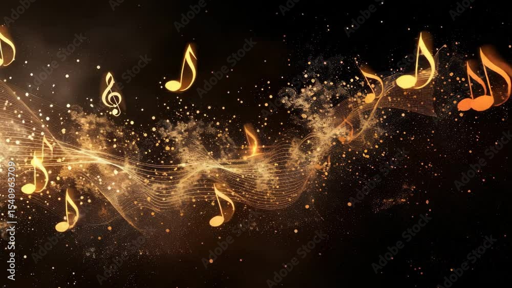 Poster Elegant golden music notes swirl through a dark background creating a magical atmosphere filled with rhythm and harmony in a mesmerizing visual display