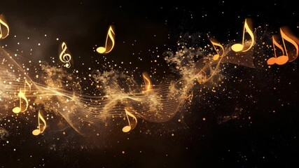 Elegant golden music notes swirl through a dark background creating a magical atmosphere filled with rhythm and harmony in a mesmerizing visual display - Powered by Adobe