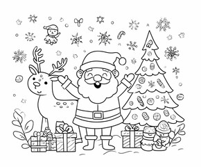 Fototapeta premium Christmas and Winter Holiday Coloring Pages – Santa Claus, Reindeer, Snowmen, and Festive Scenes