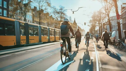 Cyclists enjoying a sunny day in Amsterdam navigate through the streets filled with trams and beautiful historic architecture - Powered by Adobe