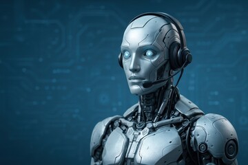 Naklejka premium Robot Call Center Agent Headset Microphone AI Support