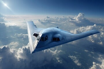 Northrop grumman b 2 spirit, a heavy strategic bomber equipped with advanced low observable stealth technology, soaring gracefully above a dramatic cloud filled landscape
