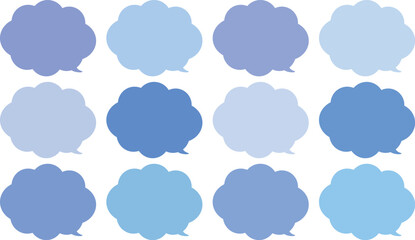 青い雲の形をしたモコモコの吹き出しセット。田１２色の青色のふきだし。使いやすいセット。