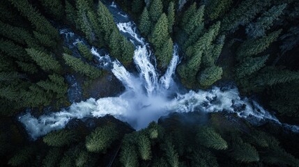 Aerial view of a waterfall cascading through a dense forest