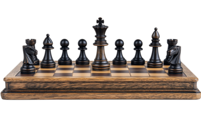 Black chess pieces on a vintage wooden chessboard isolated on a transparent background.