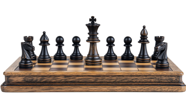 Black chess pieces on a vintage wooden chessboard isolated on a transparent background.