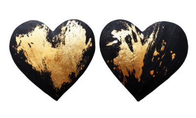 Black and gold artistic hearts with textured strokes creative design isolated on transparent background.