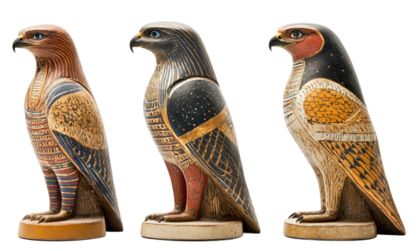 Ancient egyptian falcon sculptures colorful designs traditional art isolated on transparent background.