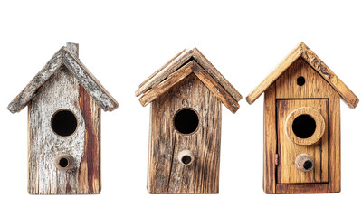 Rustic wooden birdhouses set of four handmade garden decor isolated on transparent background.