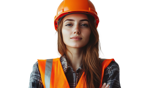 Young woman wearing orange vest and protective hard hat, isolated on transparent background.
