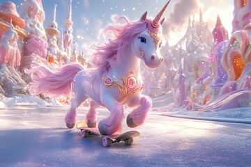 Unicorn Riding a Skateboard in a Magical Winter Landscape