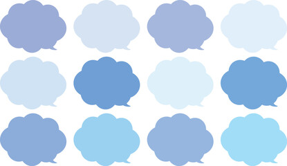 青い雲の形をしたモコモコの吹き出しセット。田１２色の青色のふきだし。使いやすいセット。