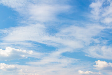 Expansive blue sky with soft white clouds, creating a serene atmosphere, ideal for backgrounds or design projects, showcasing natural beauty and tranquility