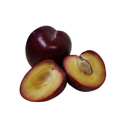 Ripe plum. Fruits, plums on white background. Whole plum and plums