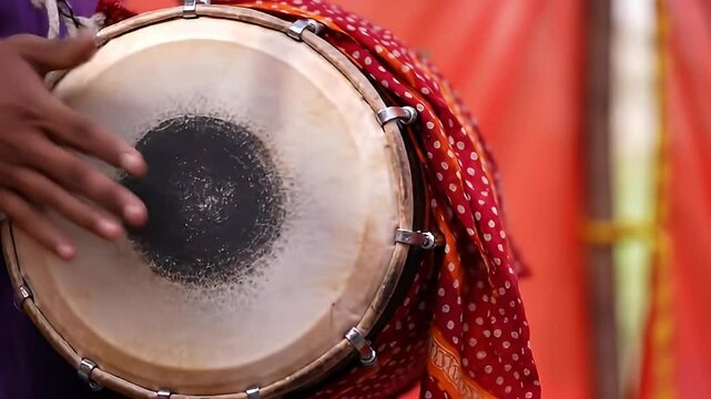 Hand Strikes a Dhol Drum at a Celebration, Close-up of traditional Indian musical instrument with vibrant fabrics adding cultural richness.