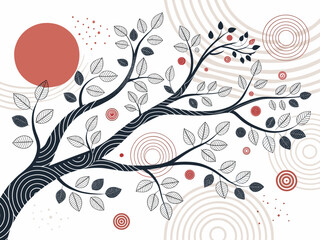 Abstract tree branches with leaves and circles in modern style  