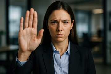 Woman Shows Stop Gesture Workplace Harassment Protection