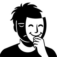 Minimalist Silhouette of Sad Man Wearing Happy Mask – Black SVG Clipart Icon