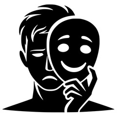 Minimalist Silhouette of Sad Man Wearing Happy Mask – Black SVG Clipart Icon