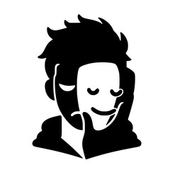 Minimalist Silhouette of Sad Man Wearing Happy Mask – Black SVG Clipart Icon