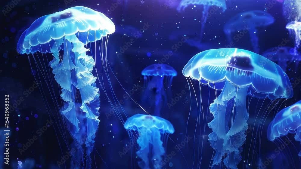 Poster colorful jellyfish swim gracefully in a dark underwater setting, showcasing their bioluminescent fea