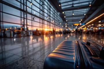 Fototapeta premium Airport Departure: Luggage, Reflections, and Golden Hour