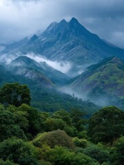 Fototapeta premium Misty Mountain Landscape with Lush Green Hills