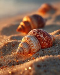 Seashells on Sandy Beach at Sunrise