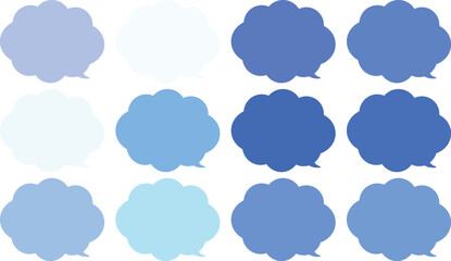 青い雲の形をしたモコモコの吹き出しセット。田１２色の青色のふきだし。使いやすいセット。