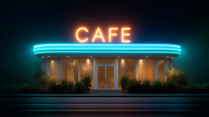 Moody evening cafÃ© with neon lights and espresso steam.