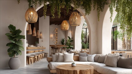 Boho-chic cafÃ© with hanging plants and cozy textures.