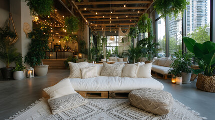 Boho-chic cafÃ© with hanging plants and cozy textures.