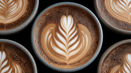 Overhead shot of latte art practice with multiple cups.