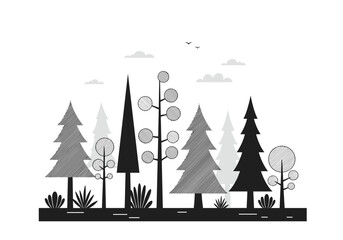 Black and white forest landscape with various tree silhouettes  