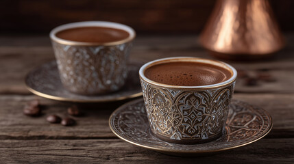 Turkish coffee served in ornate cups with cezve in the background.