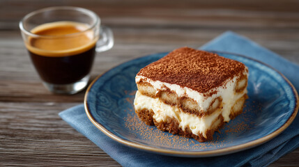 Coffee and dessert pairing espresso and tiramisu close-up.