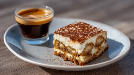 Coffee and dessert pairing espresso and tiramisu close-up.