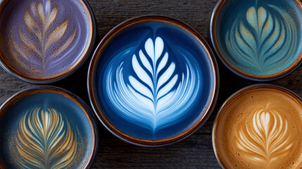 Overhead shot of latte art practice with multiple cups.