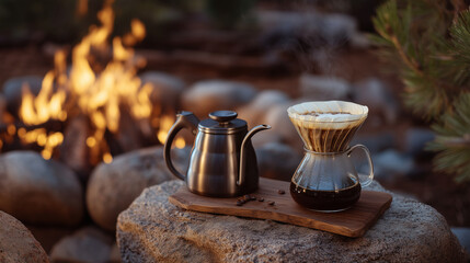 Coffee served in nature a campfire scene with brewing tools.