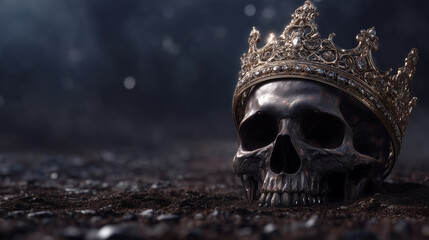 Haunting skull with aged crown resting in ashes on dark moody background.