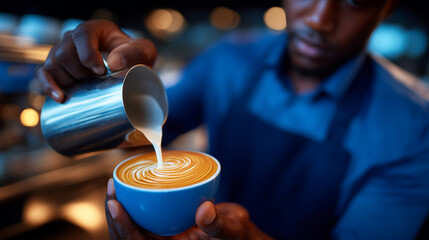 Close-up of a baristaâs hands preparing a cappuccino with a professional coffee machine, latte art in progress.
