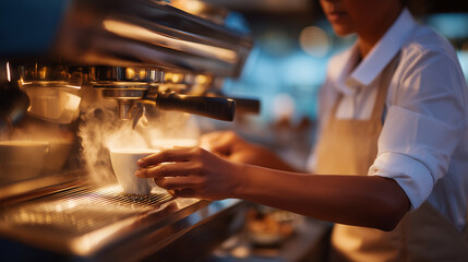 A skilled barista operating a modern espresso machine in a cozy coffee shop, steam rising, soft morning light.