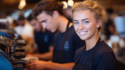 Barista training session in a coffee academy, several espresso machines lined up, students practicing.