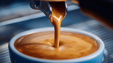 Slow-motion capture of espresso pouring into a cup from a dual-group coffee machine, rich crema forming.