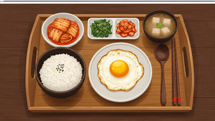 A Delicious Korean Meal: A perfectly composed shot showcasing a variety of Korean culinary delights, offering a rich tapestry of flavors and textures on a wooden tray.